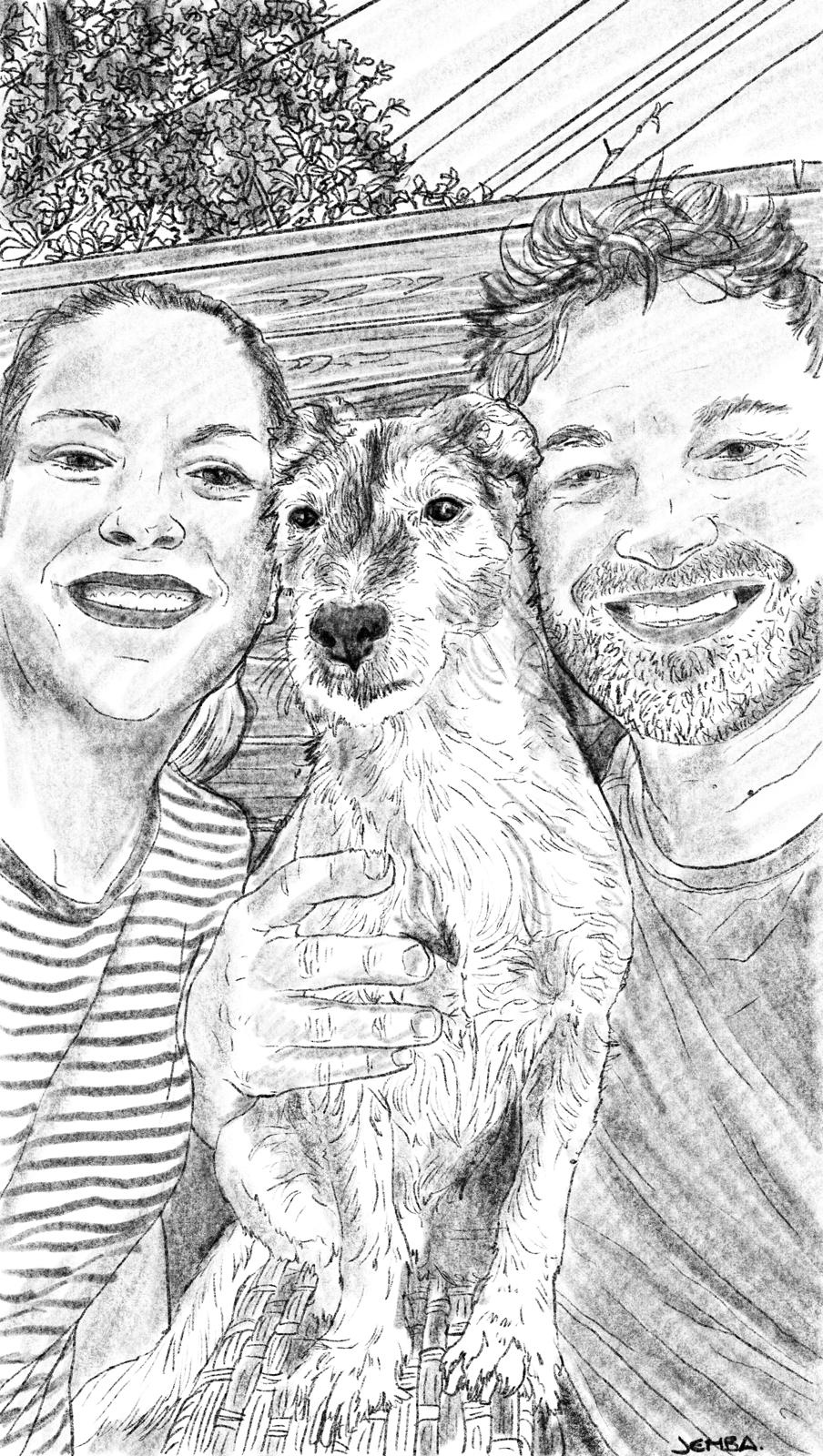 Custom digital art portrait of couple and dog